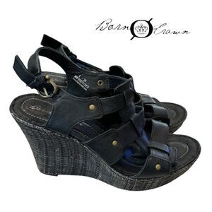 Born Crown Women's Black Wedge Gladiator Style Leather Sandals 8